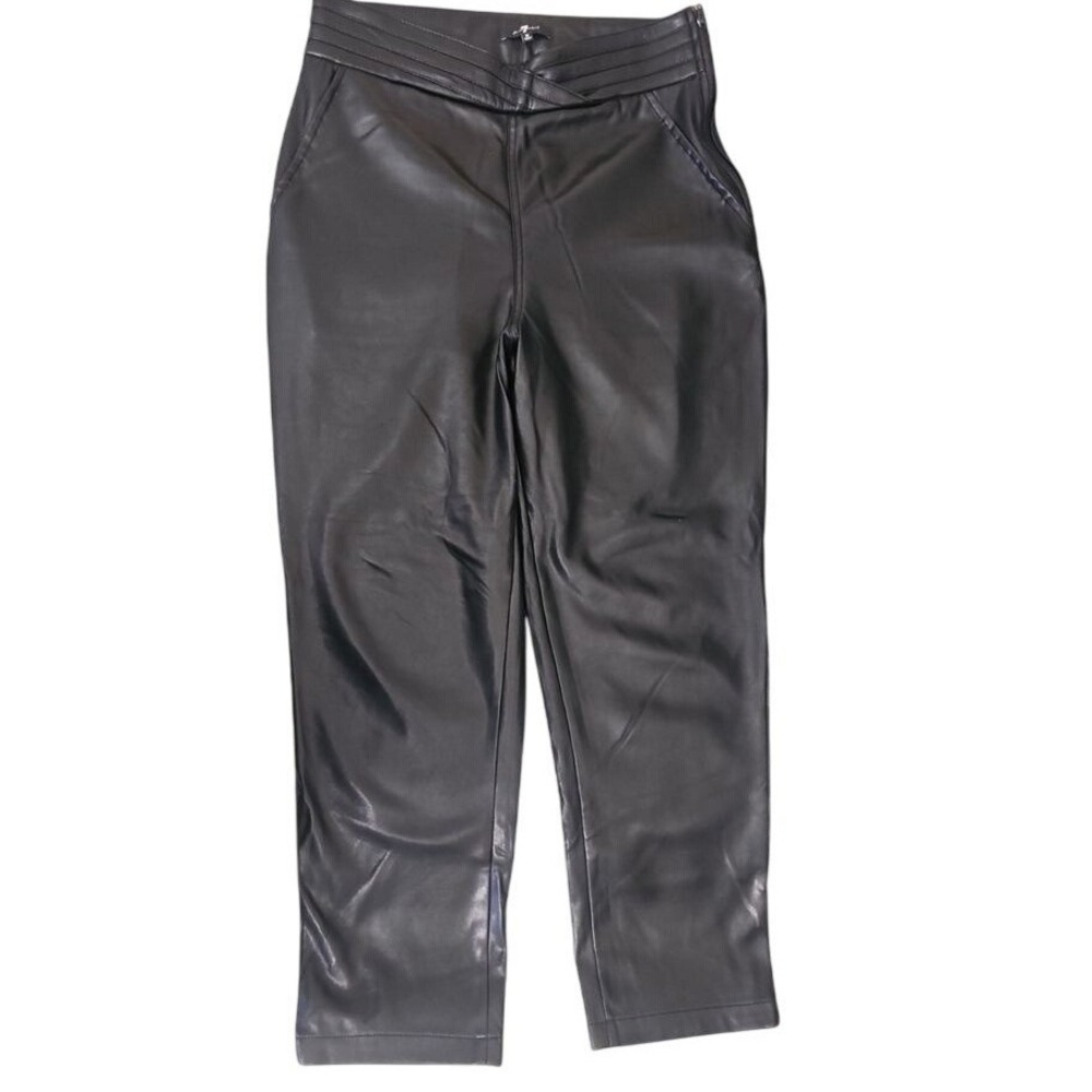 7 For All Mankind Black Faux Leather Pants Pleated Waist Cropped Trousers Size M - Picture 1 of 10